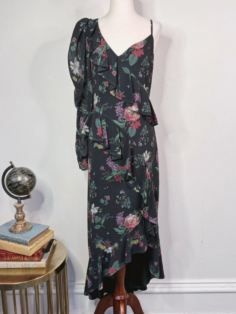 Amur Pasqualena dark floral one-shoulder ruffled dress